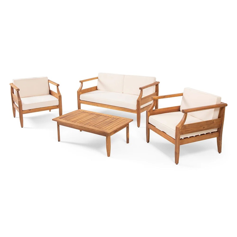 Alluvion – 4 Piece Wood Outdoor Patio Conversation Set With Cream Cushions – Teak / Beige