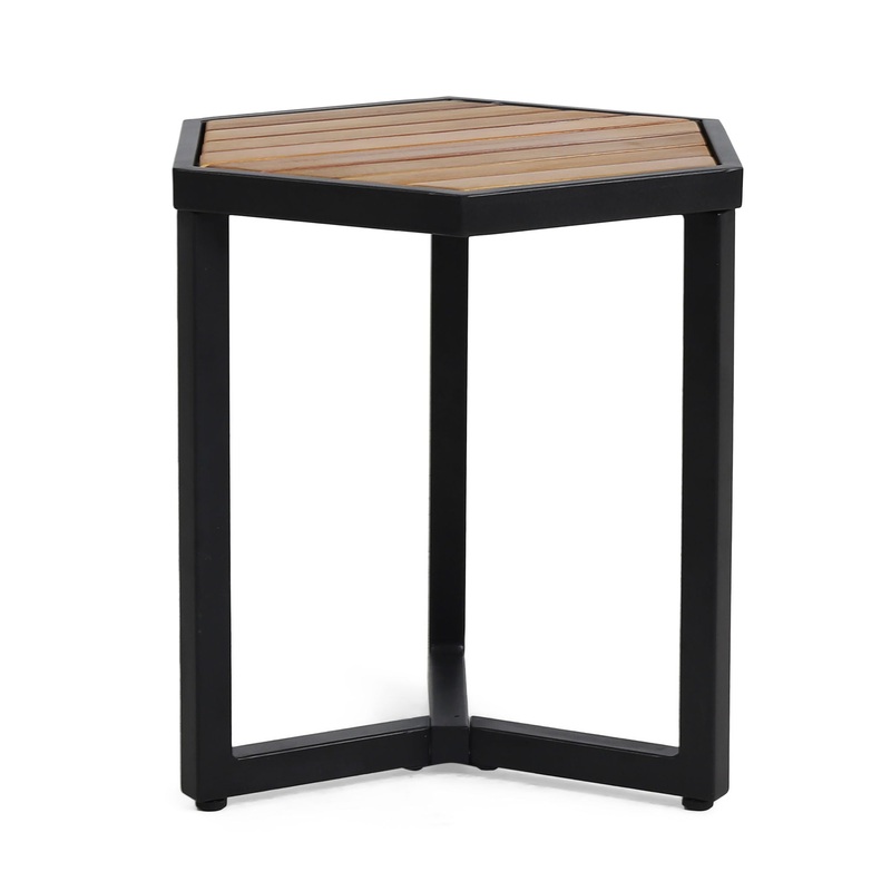 Outdoor Side Table With Iron Base And Slatted Top – Brown