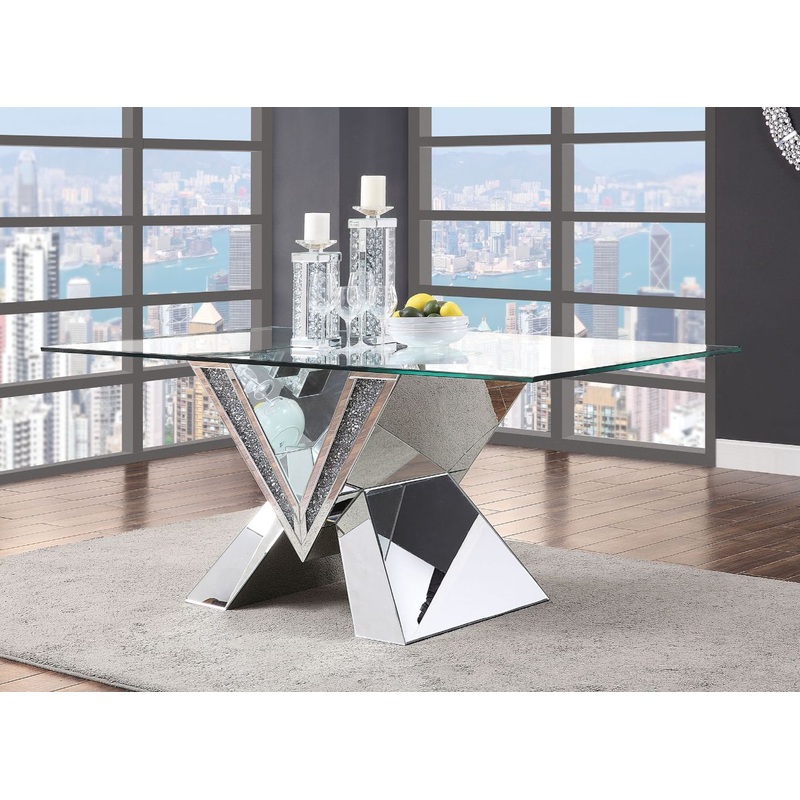 Noralie – 30 Dining Table – Mirrored, Faux Diamonds & Clear Glass Top