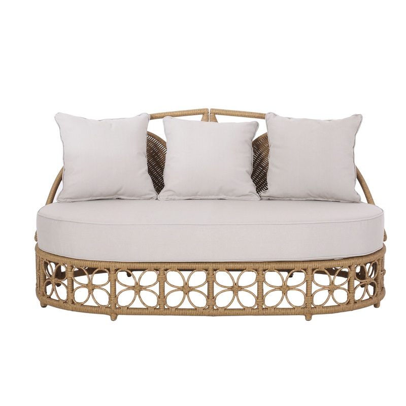 Outdoor Wicker Daybed With Pillows – Light Brown / Beige