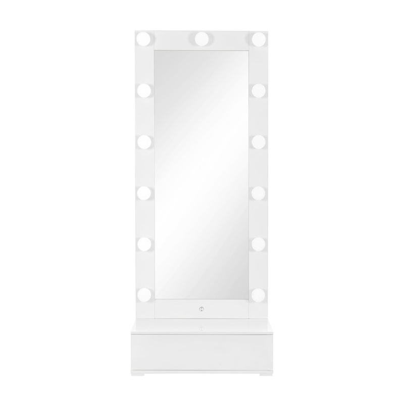 Ella – Narrow Tall Mirror With Drawer And Speakers – White