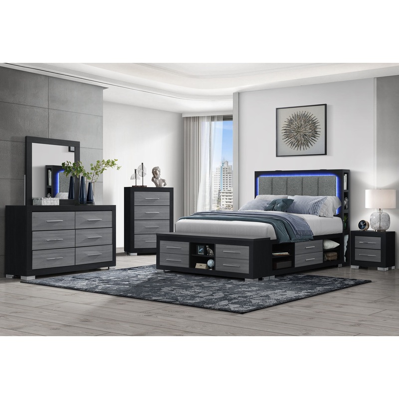 Madison / Emma – 4 Piece Queen Bedroom Set (Queen Bed, Dresser, Mirror And Chest) – Black / Dark Gray