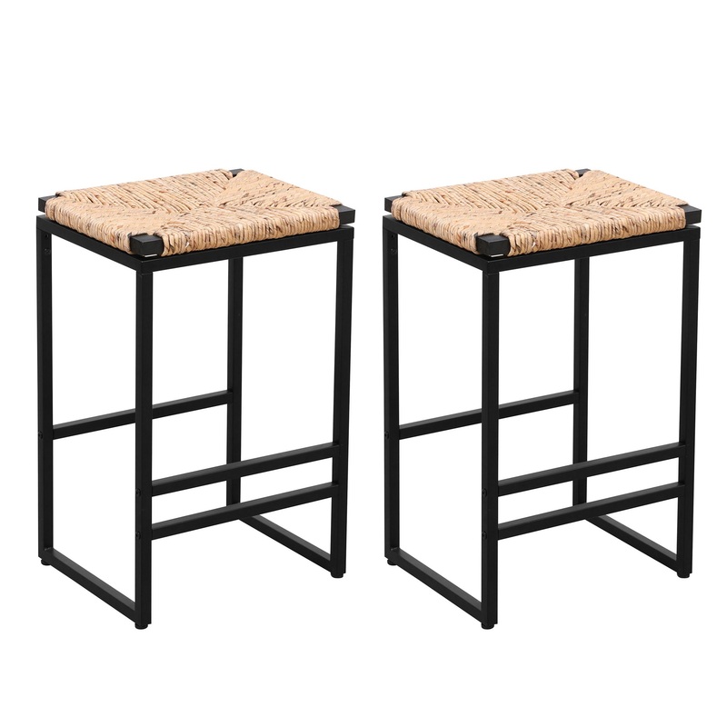25 Height Backless Water Hyacinth Woven Bar Stools With Footrest (Set of 2) – Natural