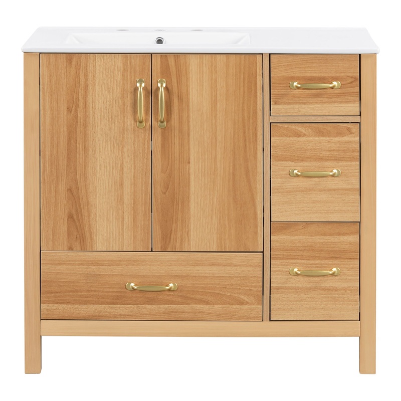 36 Bathroom Vanity, 2 Soft Close Doors, 4 Soft Close Drawers, Adjustable Shelf, Storage Cabinet – Acacia Wood
