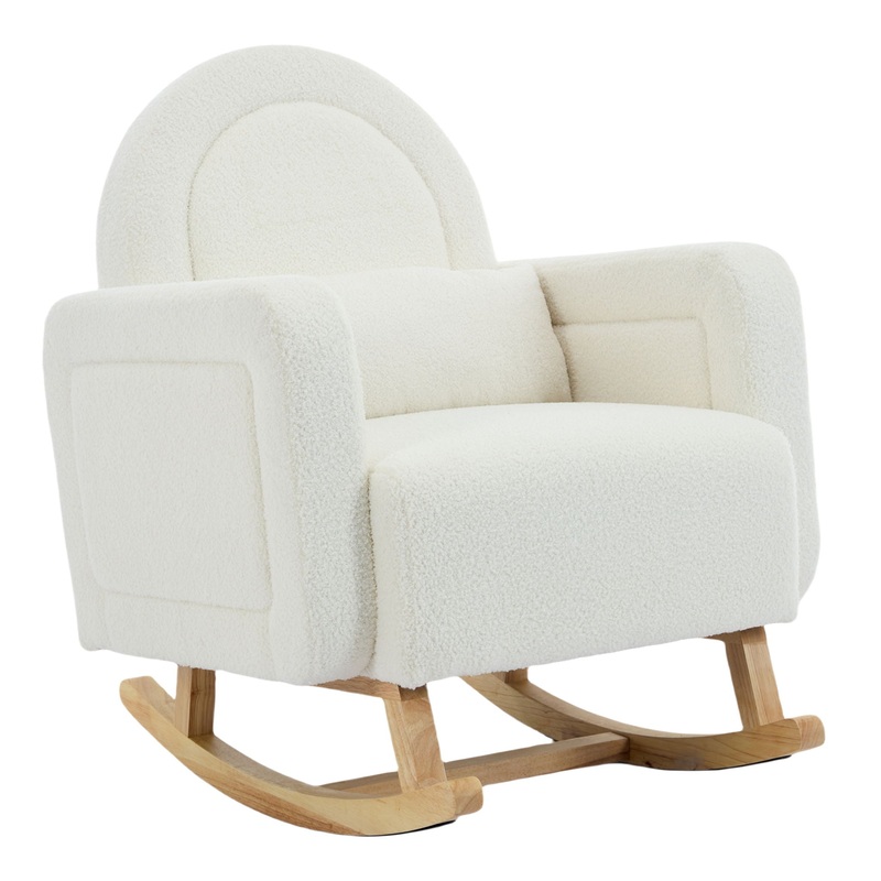 Accent Rocking Chair With Curved Back & Pillow, Base, Ultimate Comfort For Living Room Or Nursery – Cream White