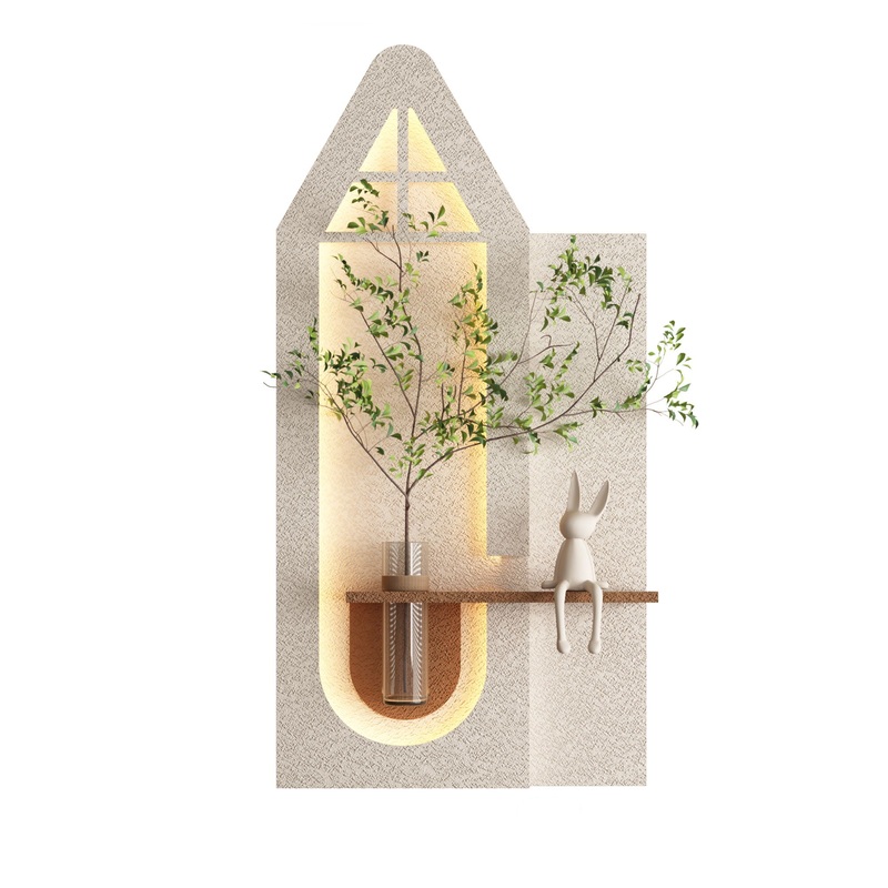 Adjustable 3 Color LED Sandstone Wall Decor With Simulated Plants, Glass Vase & Rabbit Statue – Light Coffee