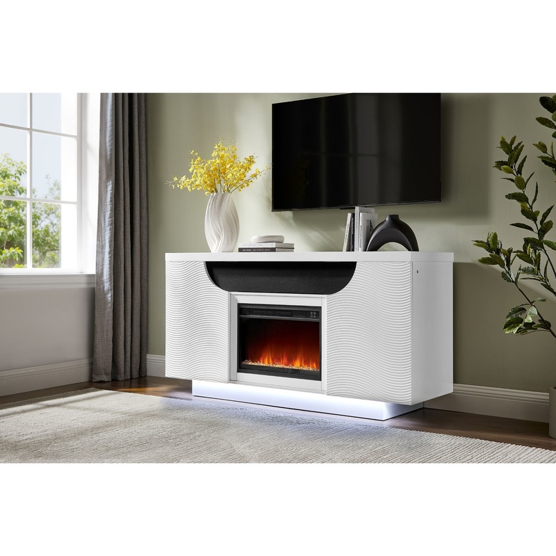 Aileen – 66 Entertainment Unit With LED, Speakers, Crystal Inserts And Pop Up Center Doors – White