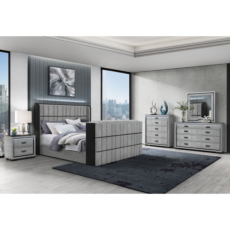 Isabella – 5 Piece King Bedroom Set (King Bed Group With LED, TV Lift, Bluetooth Speaker And Firpeplace Crystal) – Gray
