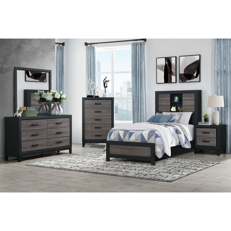 Lisbon – 5 Piece Twin Bedroom Set (Bookcase Twin Bed) – Black / Gray