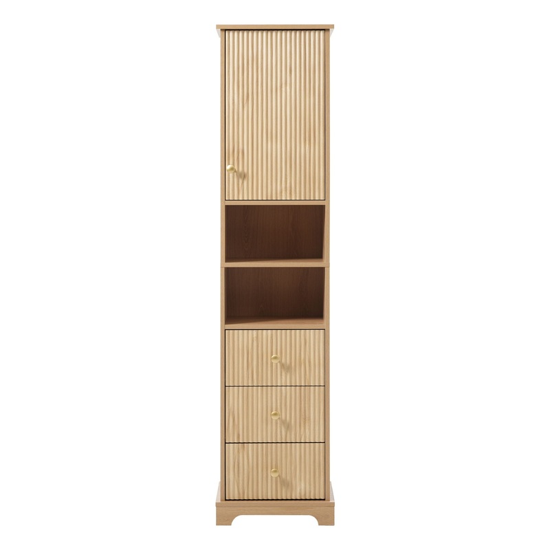 Tall Bathroom Cabinet With 1 Door, 3 Drawers, Open Storage – Wood