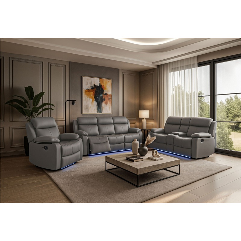 U6026 – 3 Piece Living Room Set (Reclining Sofa, Console Reclining Loveseat, Glider Recliner) – Gray