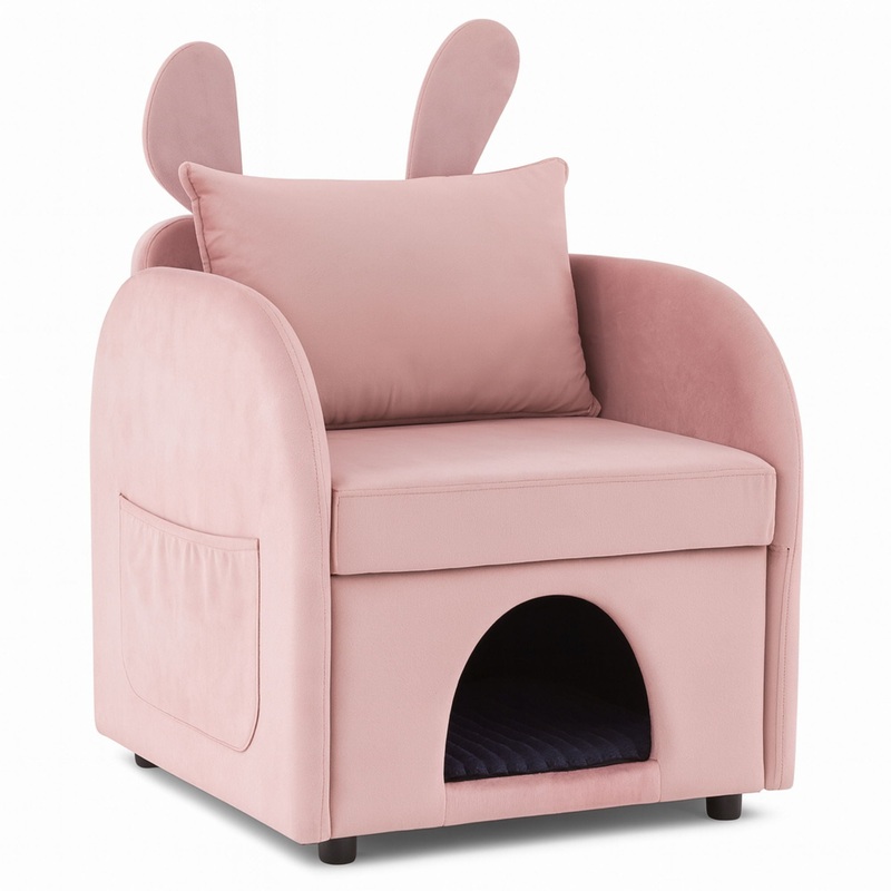 Bunny Ear Pet Friendly Armchair With Hidden Pet House With Storage Pocket For Bedroom & Living Room – Pink