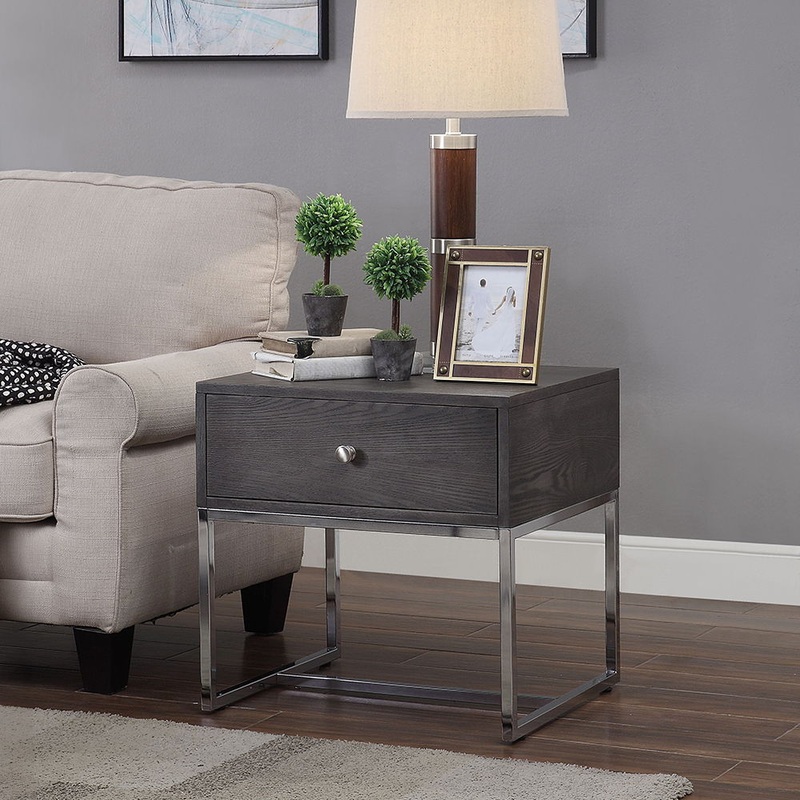 Iban – End Table – Gray Oak & Chrome
