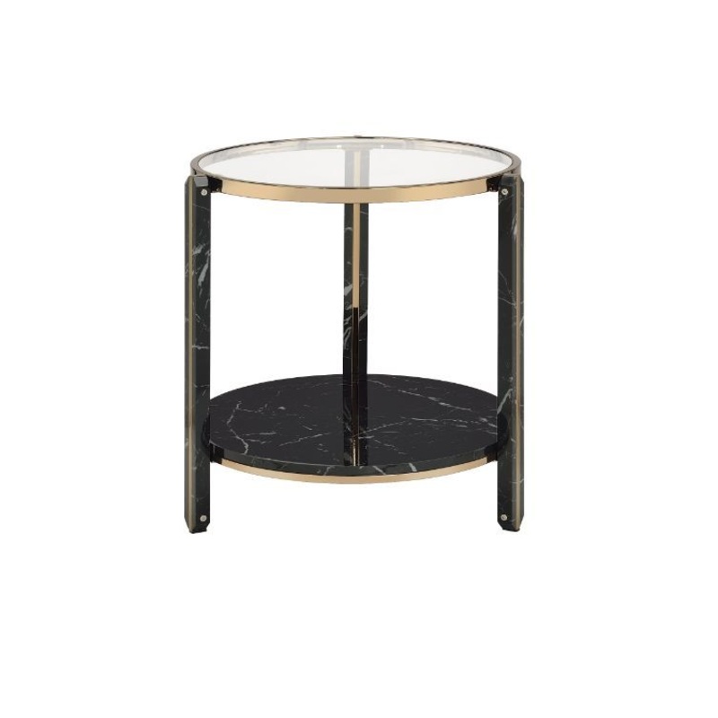 Thistle – End Table – Clear Glass, Faux Black Marble Top & Champagne