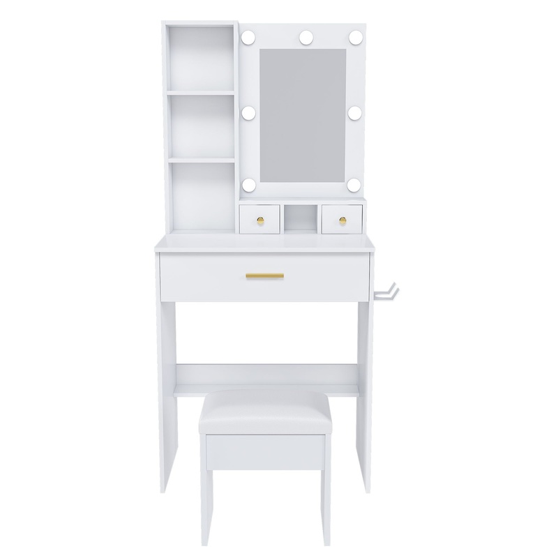 Vanity Table With Mirror, Adjustable LED Lights, Power Outlet, Hairdryer Holder & Stool