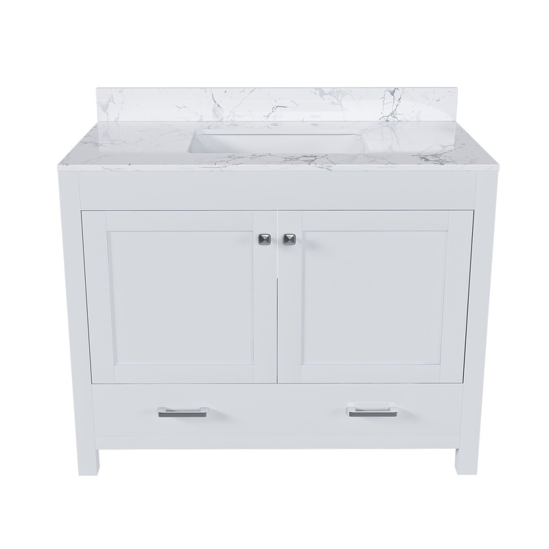 43 Bathroom Vanity With Artificial Marble Carrara Top Set, Multi Functional Bathroom Cabinet With Doors And Drawer – White