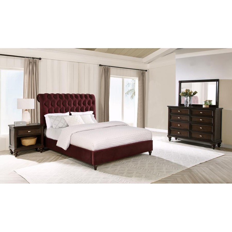 Devon – Bedroom Set|Dark Red|5 Pc. Bed, Dresser, Mirror, Chest, Nightstand|4 Pc. Bed, Dresser, Mirror, Nightstand|California King|King|Queen|Full