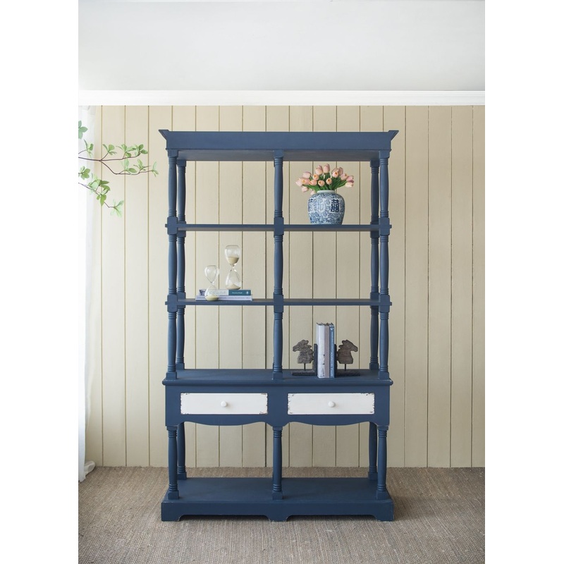 4 Tiered Wooden Shelf With Two Drawers, Farmhouse Wood Bookcase Display Storage Shelf Etageres – Antique Navy Blue
