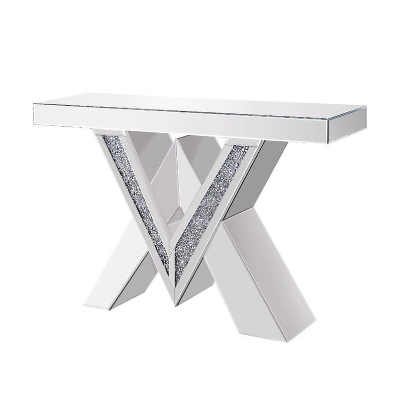 Noralie – Console Table, V Shape Pedestal – Mirrored & Faux Diamonds