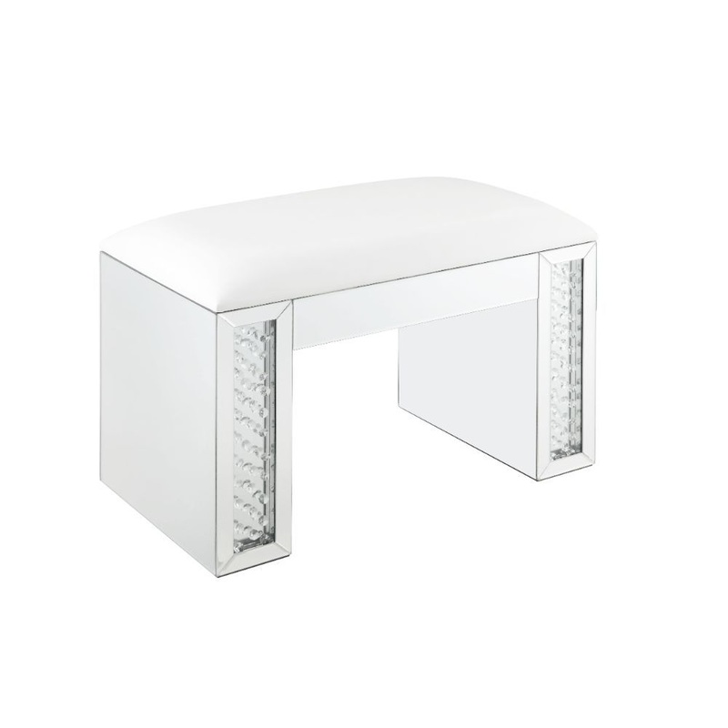 Nysa – Vanity Stool – Ivory Synthetic Leather , Mirrored & Faux Crystals