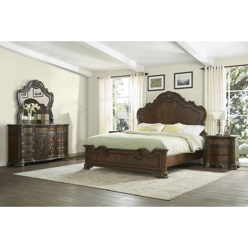 Royale – Bedroom Set|Dark Brown|4 Pc. Bed, Dresser, Mirror, Nightstand|King|Queen