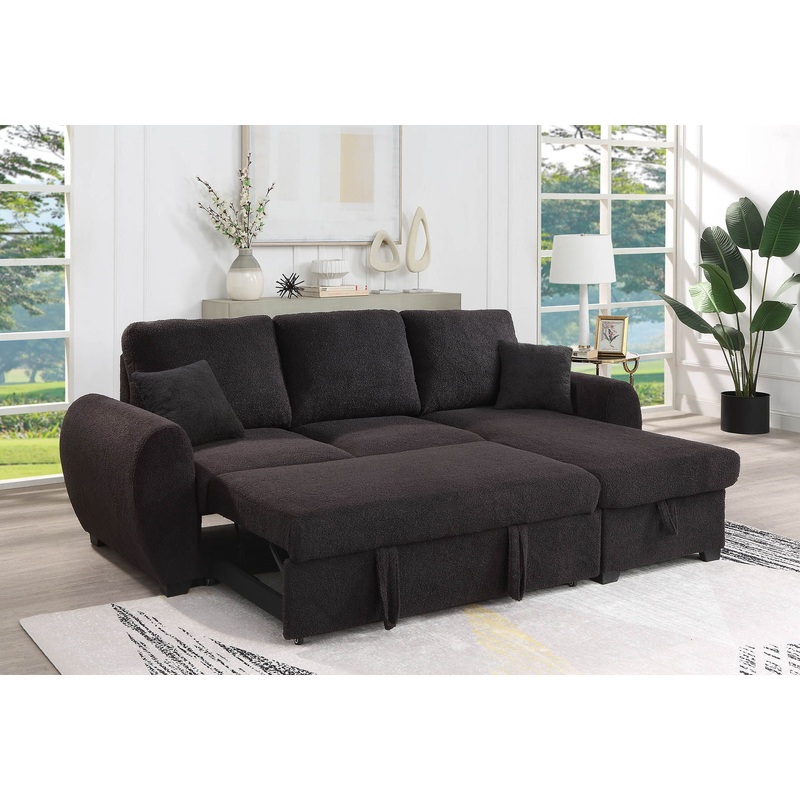 Veronica – Teddy Fleece Reversible Sleeper Sectional Sofa With Storage Chaise – Black