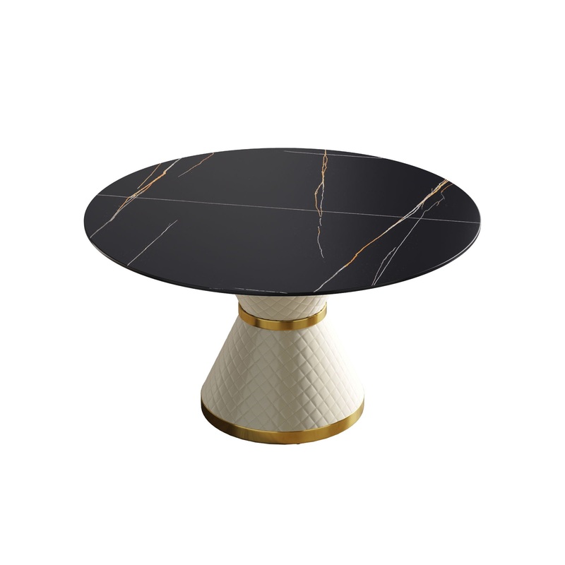 53.15 Modern Artificial Stone Round Carbon Steel Base Dining Table, Can Accommodate 6 People – Black / White