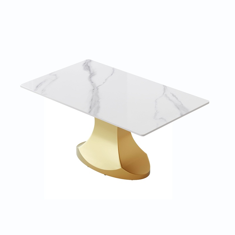 63 Modern Artificial Stone Panel Golden Stainless Steel Curved Legs, Can Accommodate 6-8 People – White / Gold