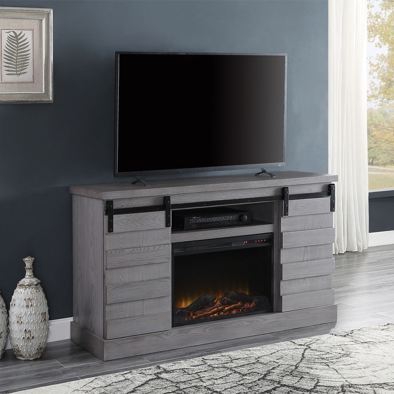 Amrita – TV Stand With Fireplace – Gray Oak