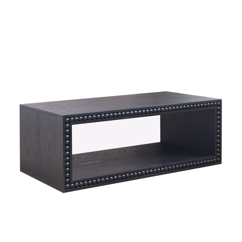 Beaded Edge Coffee Table, Rectangular Center Table With Open Storage Shelf – Black