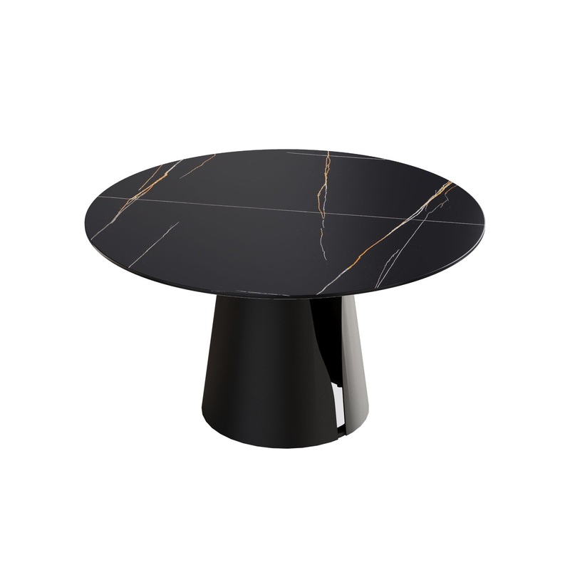 Modern Artificial Stone Round Carbon Steel Base Dining Table, Can Accommodate 6 People – Black