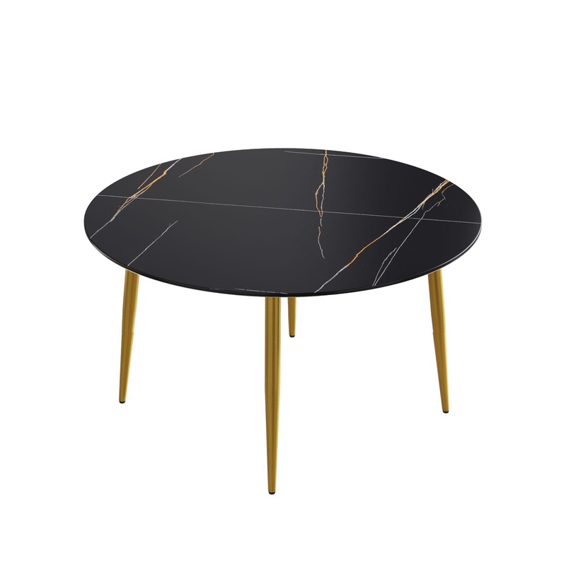 Modern Artificial Stone Round Dining Table With Golden Metal Legs, Can Accommodate 6 People – Black