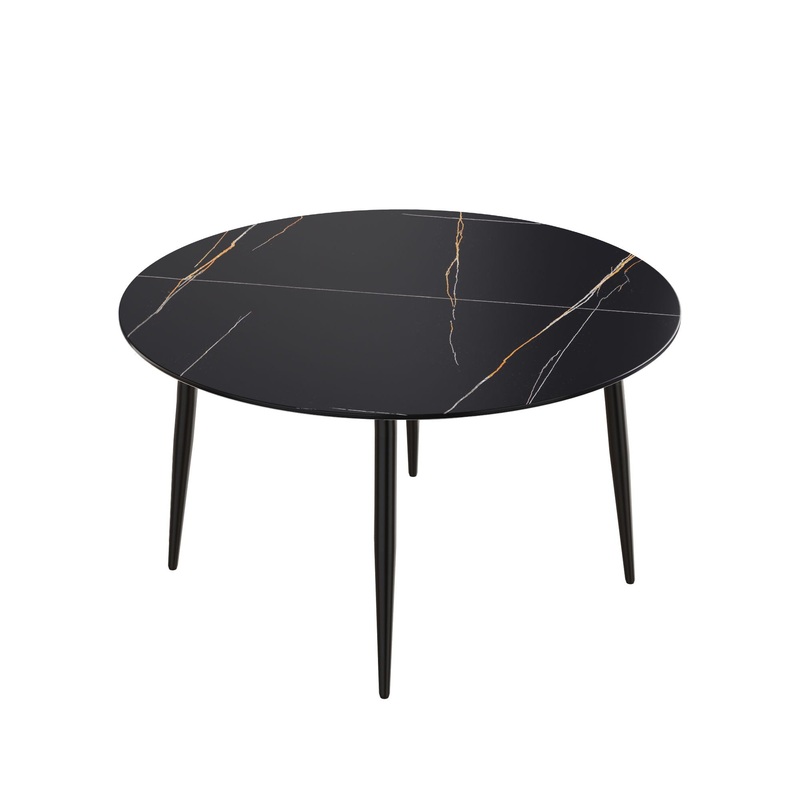 Modern Artificial Stone Round Dining Table With Metal Legs, Can Accommodate 6 People – Black