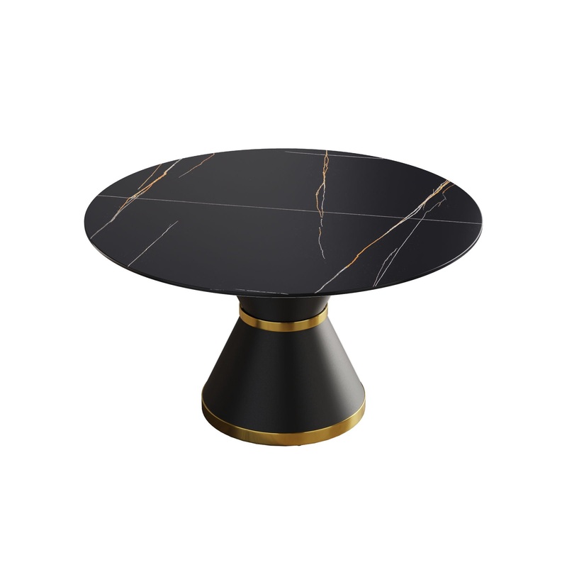 Round Modern Artificial Stone Carbon Steel Base Dining Table, Can Accommodate 6 People – Black