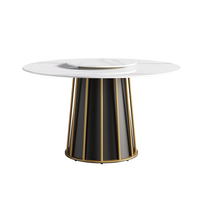 53.15 Modern Artificial Stone Round Panel Metal Iron Base Dining Table, Can Accommodate 6 People-23.62 Artificial Stone Turntable (Not Including Chairs) – White / Black