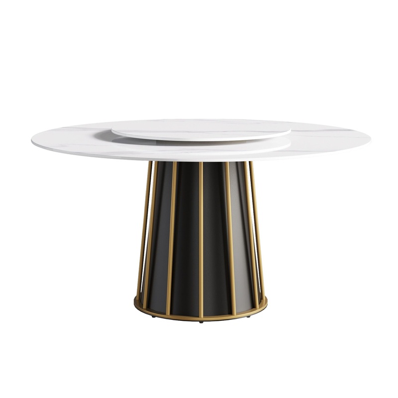 59.05 Modern Artificial Stone Round Panel Metal Iron Base Dining Table, Can Accommodate 8 People Artificial Stone Turntable (Not Including Chairs) – White / Black
