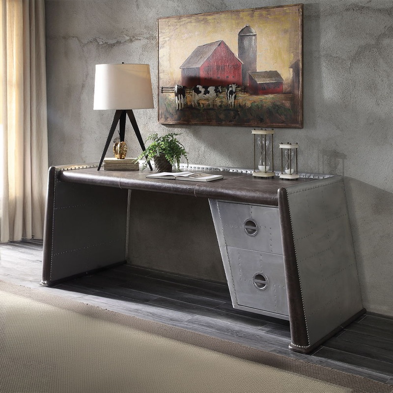 Brancaster – Executive Writing Desk – Distress Chocolate Top Grain Leather & Aluminum