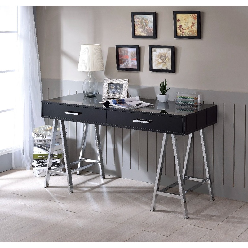 Coleen – Writing Desk With USB – Black High Gloss & Chrome