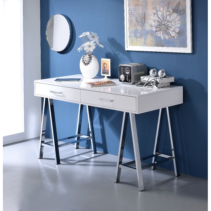 Coleen – Writing Desk With USB – White High Gloss & Chrome