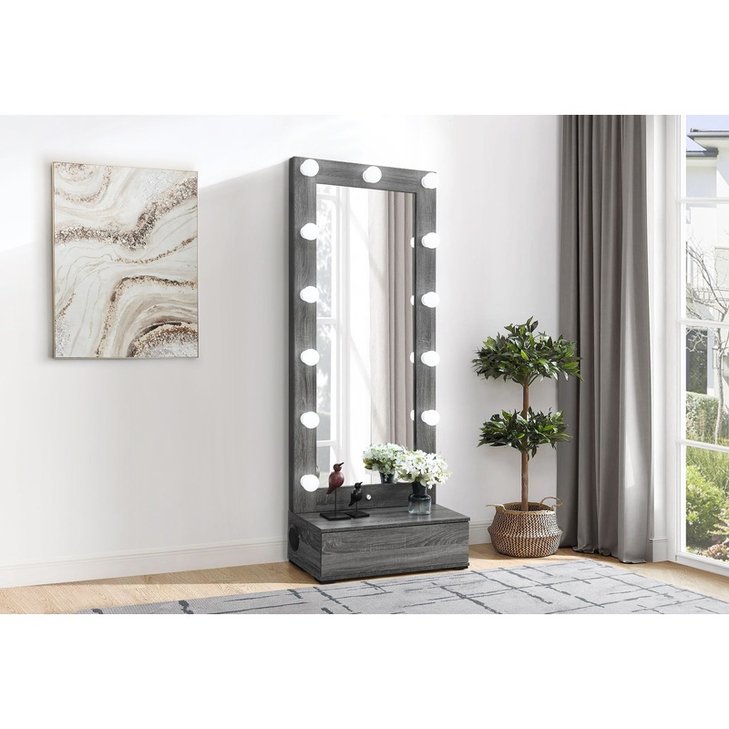 Lexi – Tall Mirror With Drawer And Speakers – Gray