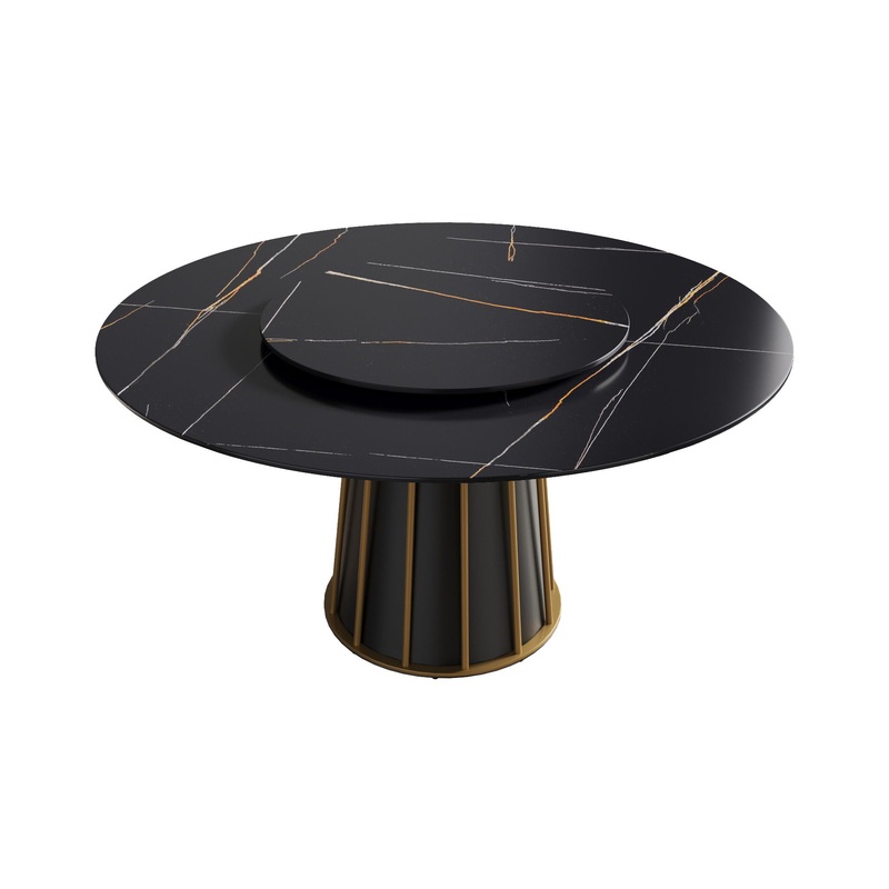 Modern Artificial Stone Round Metal Iron Base Dining Table, Can Accommodate 8 People Artificial Stone Turntable (Not Including Chairs) – Black