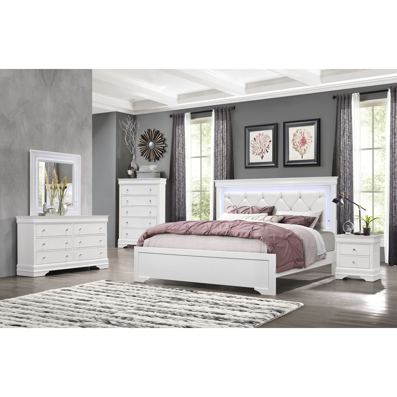 Pompei – 4 Piece Queen Bedroom Set (Bed With LED, Dresser, Mirror, Nightstand) – White