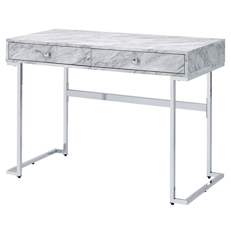 Tigress – Writing Desk – White Printed Faux Marble Top & Chrome