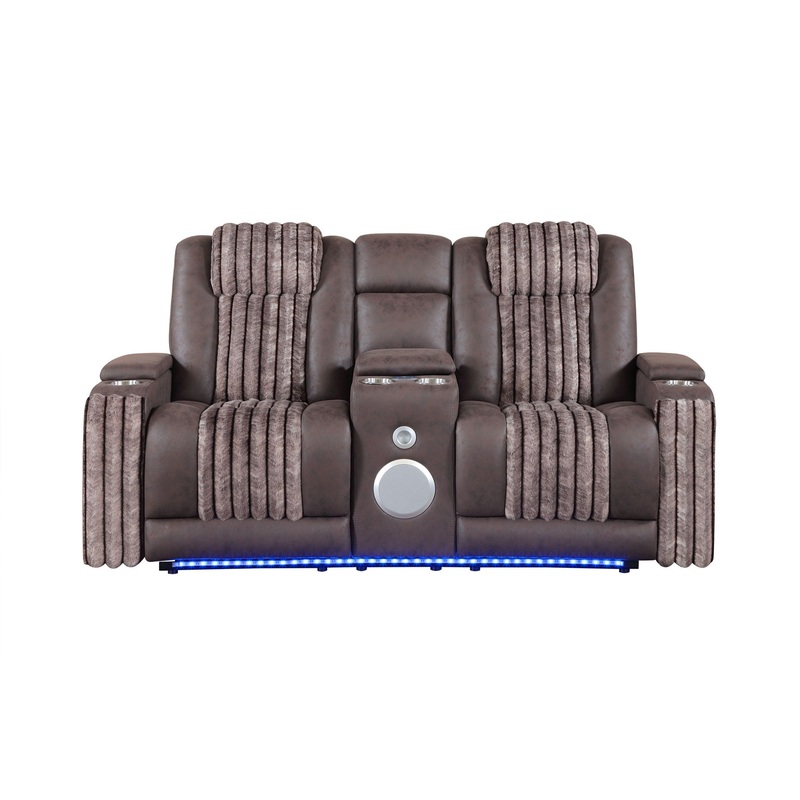 U8000 – Power Reclining Loveseat With Console, Power Headrest, LED Light, Bluetooth Speaker – Brown