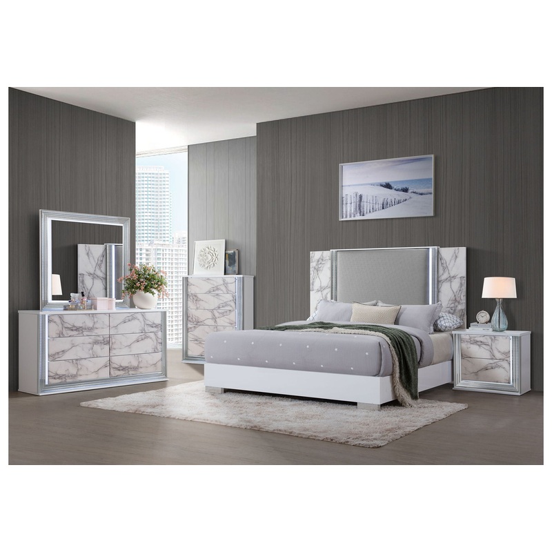 Ylime – 4 Piece King Bedroom Set (Bed Fully Slatted, Dresser, Mirror, Nightstand) – White