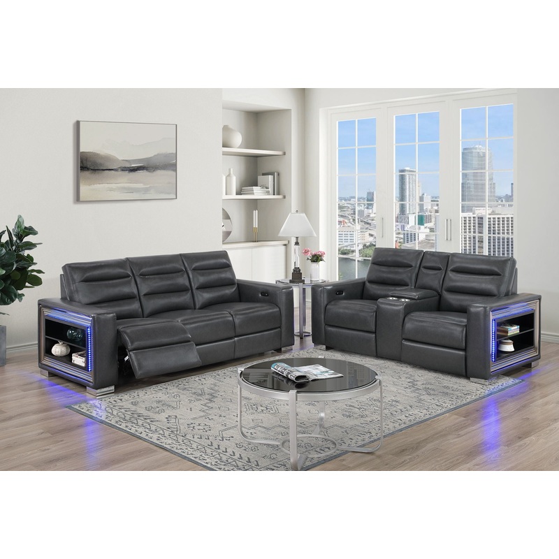 Ylime – Power Reclining Sofa With USB And Bookcase Arm LED, Power Console Reclining Loveseat With Bookcase LED – Charcoal