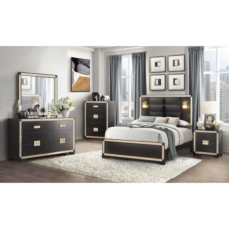 Blake – 6 Piece Queen Bedroom Set (Bed, Dresser, Mirror, 2 Nightstands, Chest) – Black / Gold