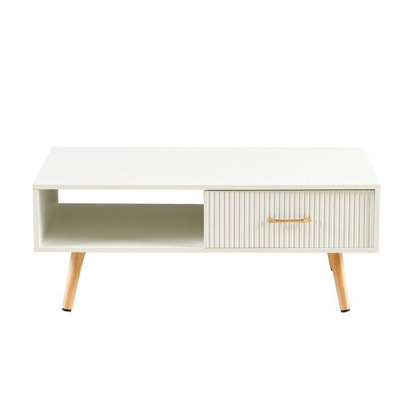 Modern Rectangle Coffee Table With Legs, Sliding Drawer For Storage – White