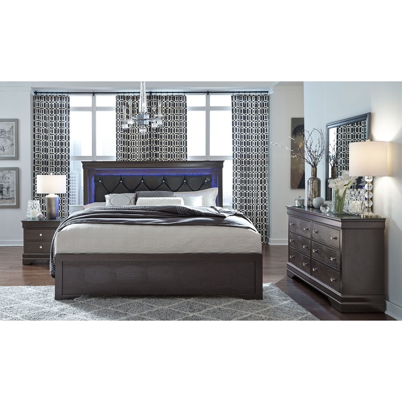 Pompei – 4 Piece Queen Bedroom Set (Bed With LED, Dresser, Mirror, Nightstand) – Gray