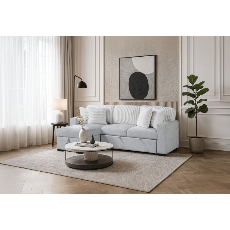 U0204 – Reversible Pull Out Sofa Bed – Light Gray / White